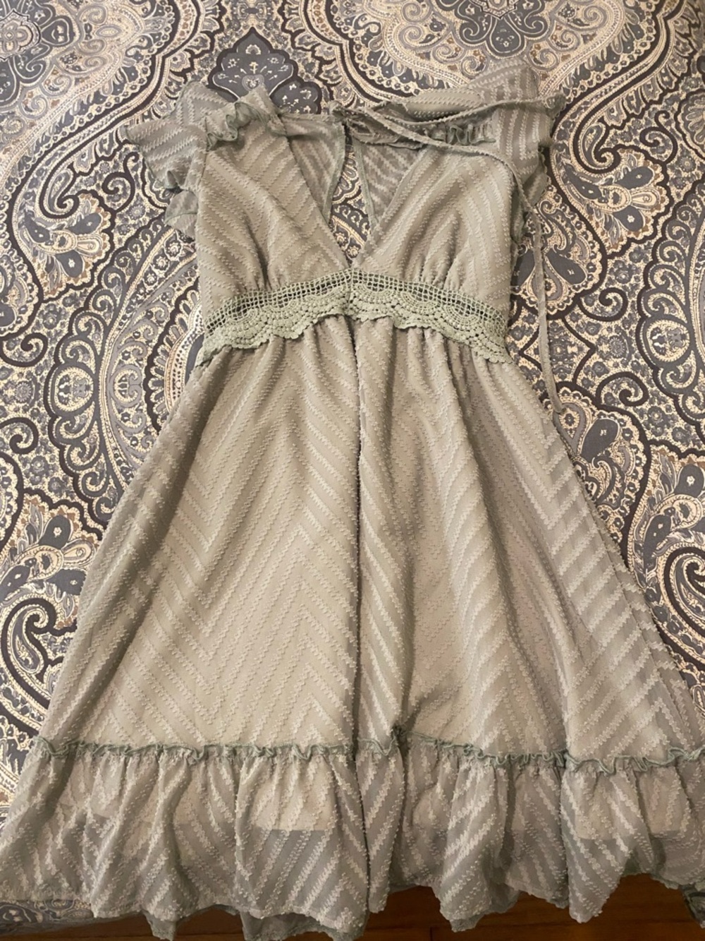 SHEIN Sage Green Ruffle Waist Crochet Dress